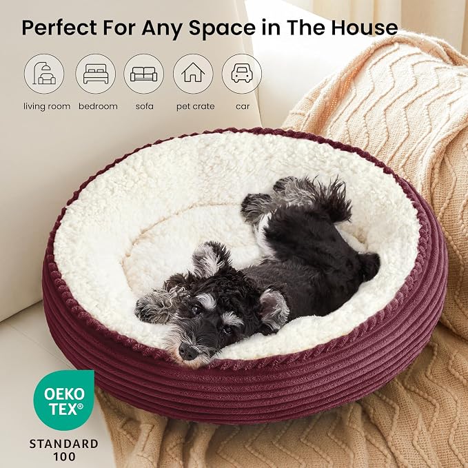 Love's cabin Round Donut Cat and Dog Cushion Bed, 24in Pet Bed for Small or Medium Dogs, Anti-Slip & Water-Resistant Bottom, Soft Durable Fabric Pet Beds, Washable Calming Cat Bed Burgundy Stripe