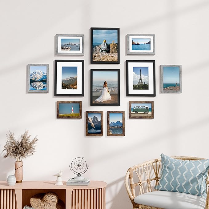 Vittanly 12 Pack Picture Frames Collage Wall Decor for Mounting or Tabletop Display, Gallery Wall Frame Set for Family, Multi Sizes Including 4pcs 8x10, 4pcs 5x7, 4pcs 4x6, Black, Brown and Grey