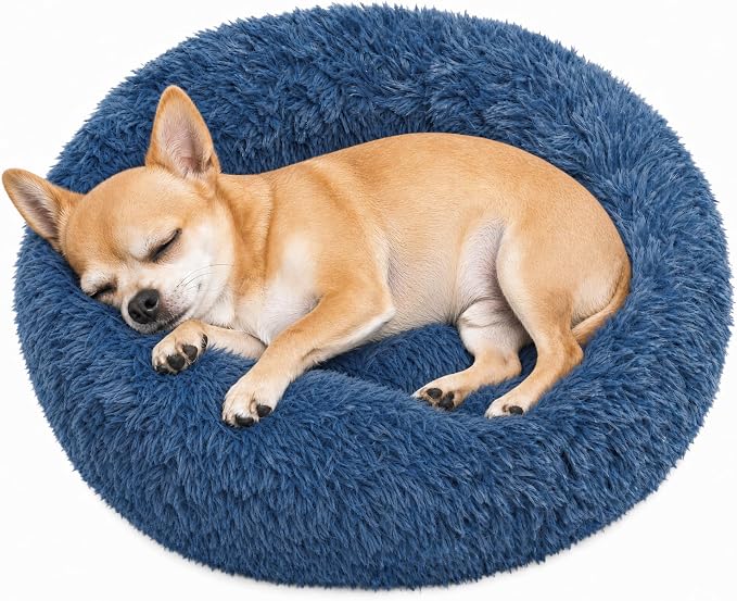 Tiny Dog Bed for Extra Small Dogs for Chihuahua Pomeranian Toy Poodle | 15 Inch Washable Puppy Bed,Soft Faux Fur Calming Donut Bed,Navy blue