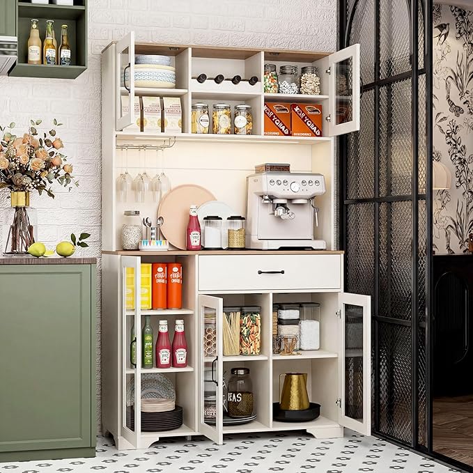 Fatmok 71" Tall Pantry Cabinet, Coffee Bar Storage Cabinet with Charging Station & LED Lights, Kitchen Hutch Food Pantry Cabinet with Wine Rack, Drawer, Adjustable Shelves & Microwave Stand, White