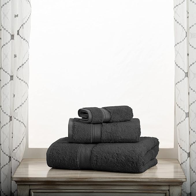 BLUENILEMILLS Buckingham Egyptian Cotton 3-Piece Towel Set, Washcloths, Hand Towels, Bath Towels, Charcoal
