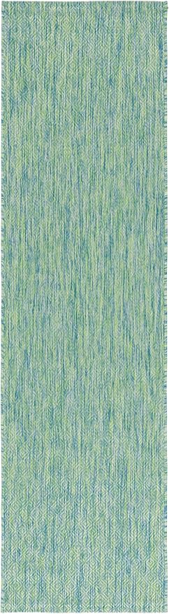 SAFAVIEH Washable Rug Outdoor Courtyard Collection - 2'3" x 12' Runner, Green & Blue, Non-Shedding & Easy Cleaning, Ideal for Patio, Entryway, Mudroom, Hallway, Kitchen (CY8521-55722)