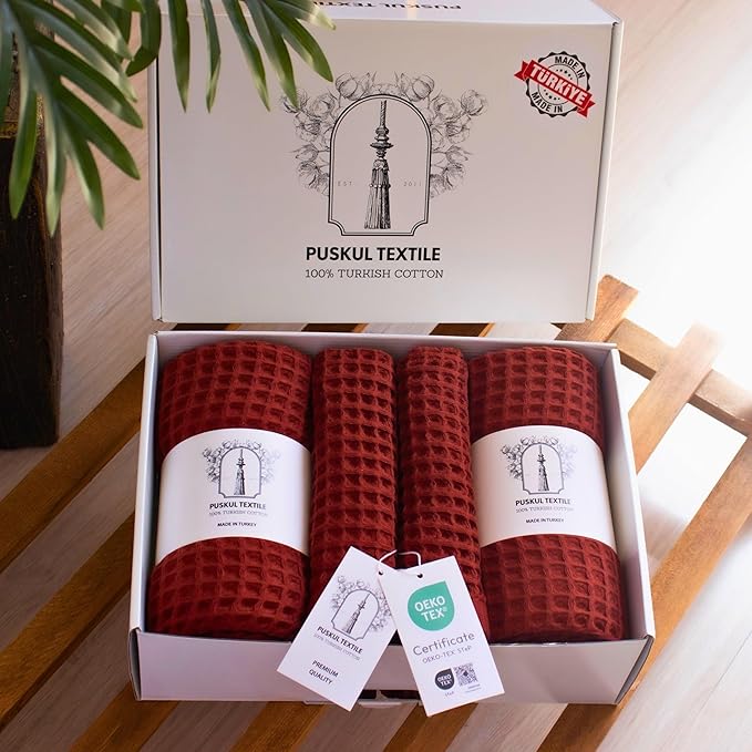 PÜSKÜL - Premium Waffle Towel Set 4 Pieces Brick Red - Organic 100% Turkish Cotton Quick-Dry Towels for Bathroom Made in Turkiye (Brick, Towel Set - 2 Hand & 2 Bath Towels)