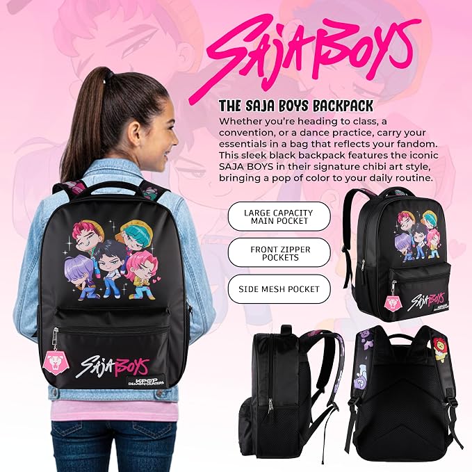 AI ACCESSORY INNOVATIONS K-Pop Demon Hunters Chibi Saja Boys 16” Backpack for Girls, Featuring Jinu, Abby, Mystery, Romance, & Baby, Saja Rubber Molded Bag Charm, Saja Boys