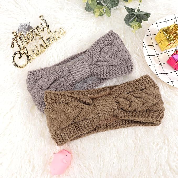 AQOKKA Knit Winter Headbands for Women Fuzzy Wool Fleece Lined Ear Warmers Elastic Turban Crocheted Head Wrap Winter Accessories for Women Cold Weather