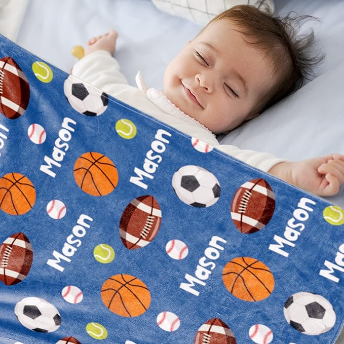Personalized Ball Blanket with Name for Boys, Custom Name Blanket for Teen Ball, Soft Flannel Ball Blankets Customized Gift for Birthday 50"x60"