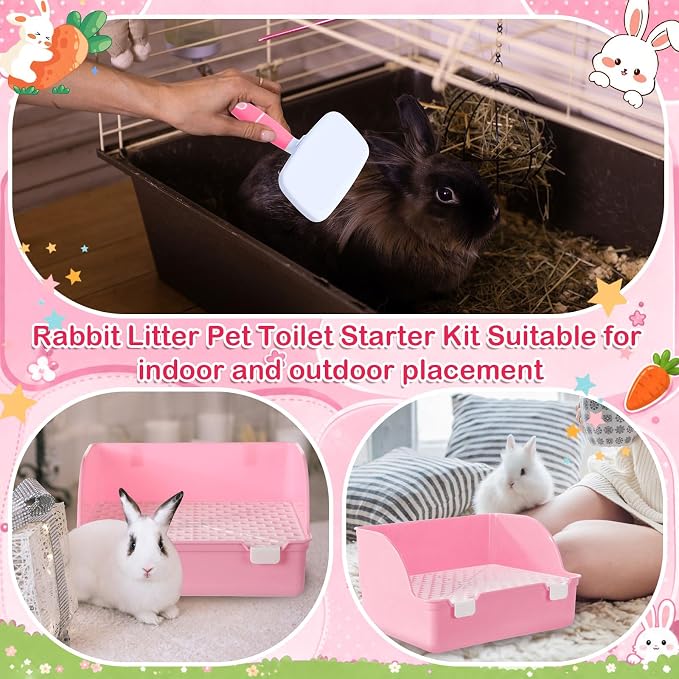 Reallnaive 15 Pcs Rabbit Starter Kit Small Rabbit Litter Box Girls Gift Animal Grooming Kit Bunny Toys Bowl Blankets with Cleaning Set for Guinea Pig Accessories(Light Pink)