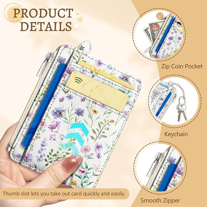 Kelvoris Credit Card Holder Small Wallet Women, Slim RFID, Flowers | Keychain, Zipper Coin Pocket, Front Pocket Thin Travel Card Case, Minimalist, 6 Card Slots, 1 ID Window, Ladies Gifts Woman