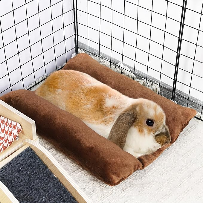 MEWTOGO 15.7" x 14" Bunny Bed for Rabbit Cage, Thickened & Soft | Prevent Sore Hocks Plush Mat with Cotton Lounger Pillows, Small Animal Flop Mat for Hutch Sleeping Indoor, Brown