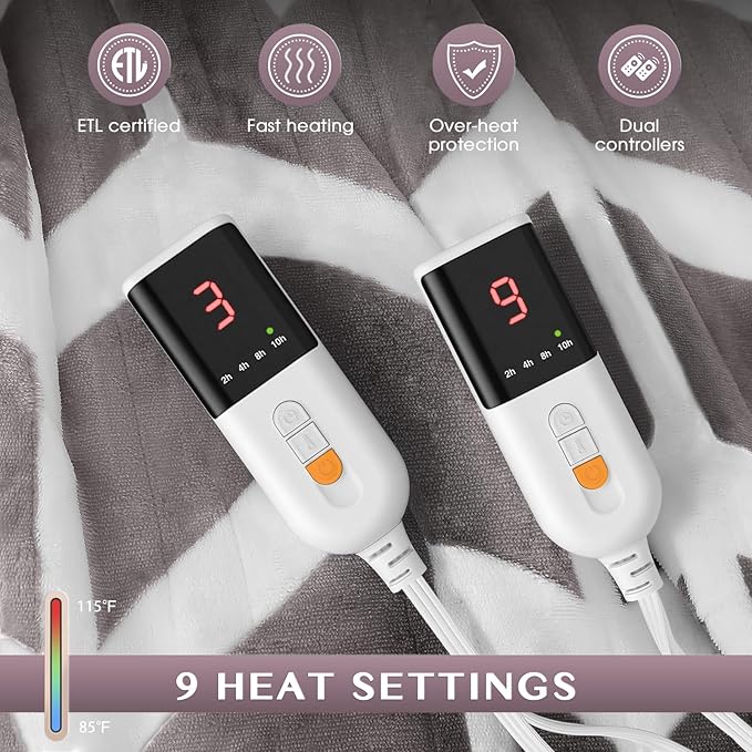 VENTIMI Electric Blanket Queen Size, 84" x 90" Heated Blanket with 9 Heat Levels & 2-4-8-10 Hours Auto Off, Fast Heating Blanket with ETL & FCC Certification, Beige