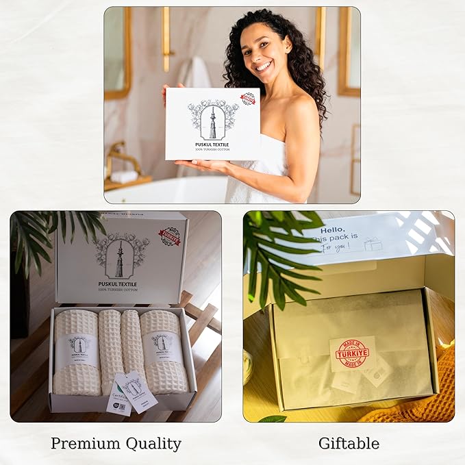 Püskül - Luxury Waffle Towel Set for Bathroom 4 Pieces Natural Raw, Premium Quality Organic 100% Turkish Cotton 2 Hand and 2 Bath Towels, Quick Dry Thin Waffle Towels, Made in Turkiye (Natural Beige)