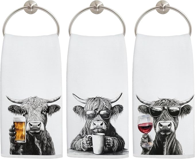 Funny Highland Cow Kitchen Towels Set of 3, Funny Gifts for Wine Beer Coffee Lovers Dish Tea Towels for Kitchen Bar Cart Decor, Highland Cow Gifts Decorative Hand Towels, 16x24 Inch