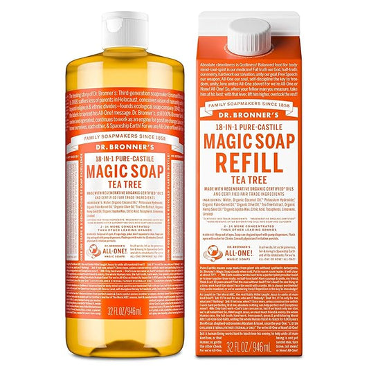 Dr. Bronner's Pure-Castile Magic Soap Liquid- Made with Regenerative Organic Certified Oils- For Body, Face, Hair, Dishes, Laundry, Vegan Bath Soaps for Men & Women, Non-GMO- Tea Tree, 32oz + Refill