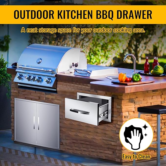 Outdoor Kitchen Drawers Stainless Steel 14W X 8.5H X 23D Inch, Flush Mount Single BBQ Island Drawers with Handle for Outdoor Kitchens, Patio or Grill Station