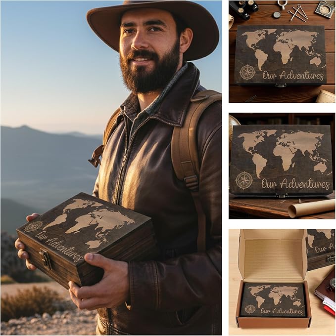 Engraved Adventure Memory Box – Wooden Keepsake Box for Travel, Camping, and Life Milestones – Medium Size – Dark Walnut Finish – 8.5 x 6 x 3 in