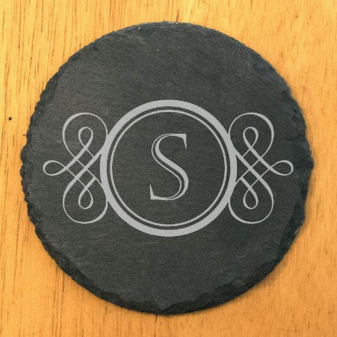 Rustic Refinement: Personalized Slate Coasters with Initial Design - Round Slate - Set of 6