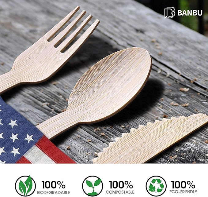 Bamboo Utensils Set Disposable-150PK 6.7” (60 Forks 60 Knives 30 Spoons) Eco Friendly Natural Biodegradable Compostable Bamboo Cutlery Travel Disposable Knives Spoons and Forks Set
