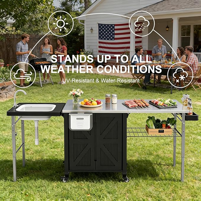 Outdoor Grill Cart with Storage Cabinet, 3-in-1 Movable Kitchen Island with Stainless Steel Tabletop, 4 Swivel Wheels, Foldable Sink Rolling Bar Table Cart BBQ Food Prep Station for Patio, Black