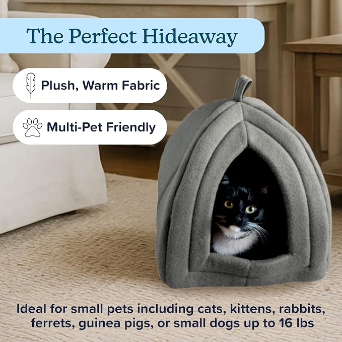 PETMAKER Indoor Cat House with Removable Foam Cushion, Gray, 13.5” x 15.75” | Plush Pet Bed Tent Hideaway with Cozy Soft Interior for Cats, Kittens, and Small Pets, Small Animal Sleep & Rest Space