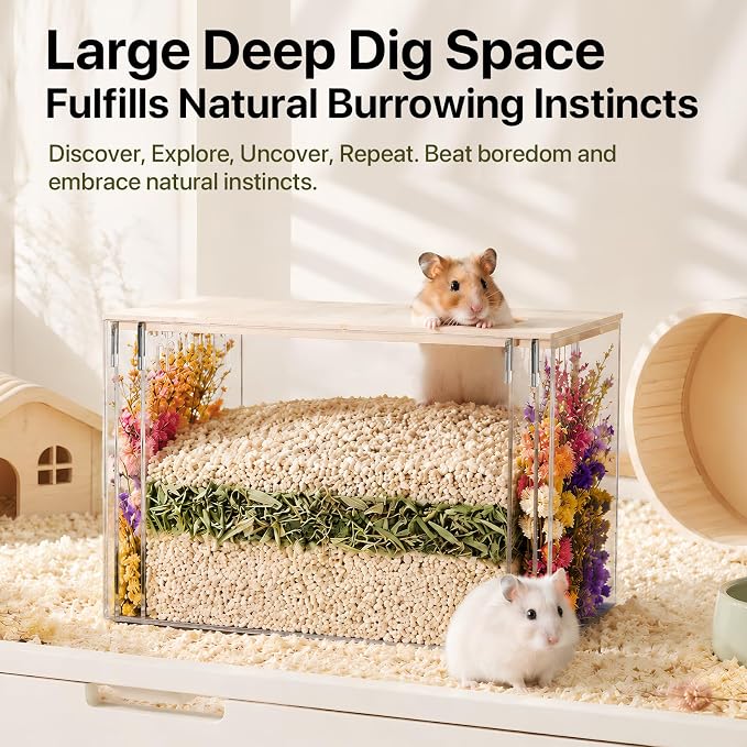 Fully Detachable Hamster Digging Box, Removable Acrylic Panels & Wooden Lid, Extra Deep Clear Panoramic Burrow, Dual-Side DIY Habitat, L Size for Syrian Hamsters, Gerbils, Degus