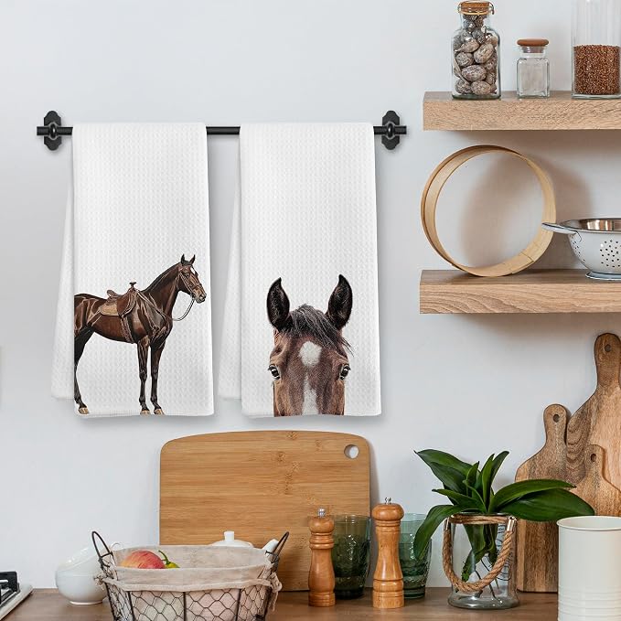 Funny Horse Kitchen Towels and Dishcloths Sets of 2, Horse Decor Gifts for Girls Room Home, Farmhouse Rustic Cabin Farm Nursery Home Decor Dish Hand Tea Towels for Bathroom Kitchen, 16x24Inch