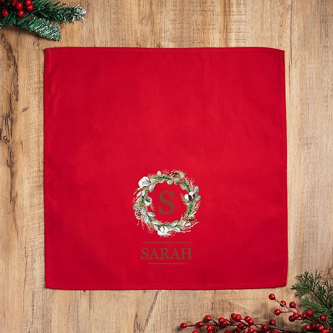 Custom Christmas Kitchen Towels Square Personalized Initial Name Wreath Hand Towels Christmas Tea Dish Towel Kitchen Decor Gifts for Family Red 17.7×17.7INCH