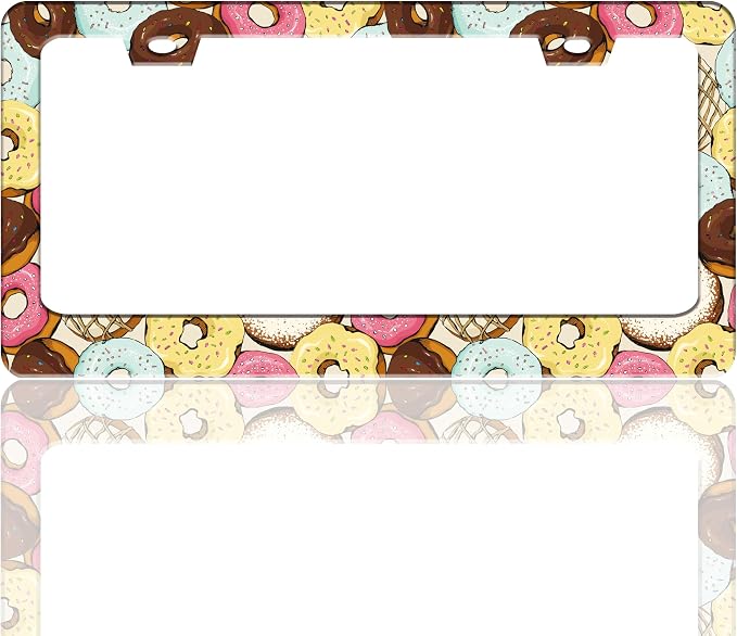 Colorful Donuts Cartoon License Plate Frame Stainless Steel 6.3 X 12.2 Inch | Fits US Standard With Screws Rust Resistant For Car Front Rear Decoration Accessories Easy Installation For Cars SUV Truck
