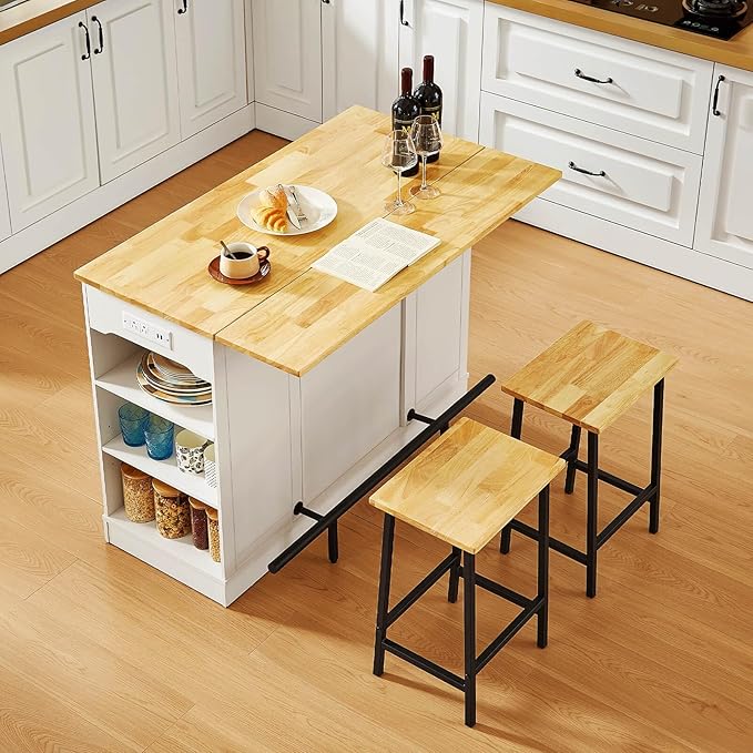 ONBRILL Stationary Kitchen Islands Include 2 Chairs, 47" Kitchen Island with Drop Leaf, Home Bar Table with Spice Rack & with Trash Cabinet, Island Table for Dining Room with Power Outlet, White
