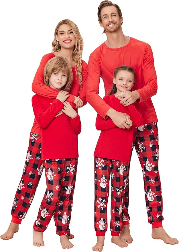 Ekouaer Family Matching Pajamas Christmas Sleepwear Long Sleeve Sleep Shirt with Plaid Pants Soft Loungewear Pjs Set S-XXL