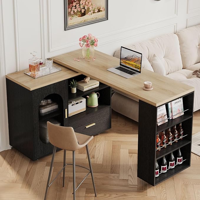 HSH 72" Rolling Kitchen Island with Seating, 360° Swivel Table, Kitchen Island with Storage Cabinet, Drawer & Shelves, Farmhouse Mobile Island Cart on Wheels for Dining Room & Home Bar, Black Oak