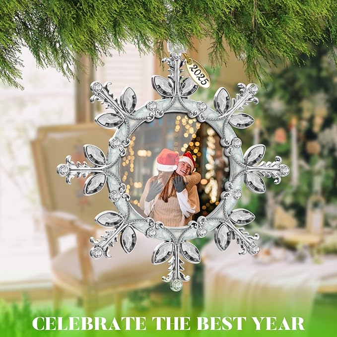 2025 Christmas Tree Ornament Snowflake Picture Frame Metal Hanging Pendant Holiday 2" Photo Frame Charm Decorative of Pets, Baby First Christmas, Family (White，2025)