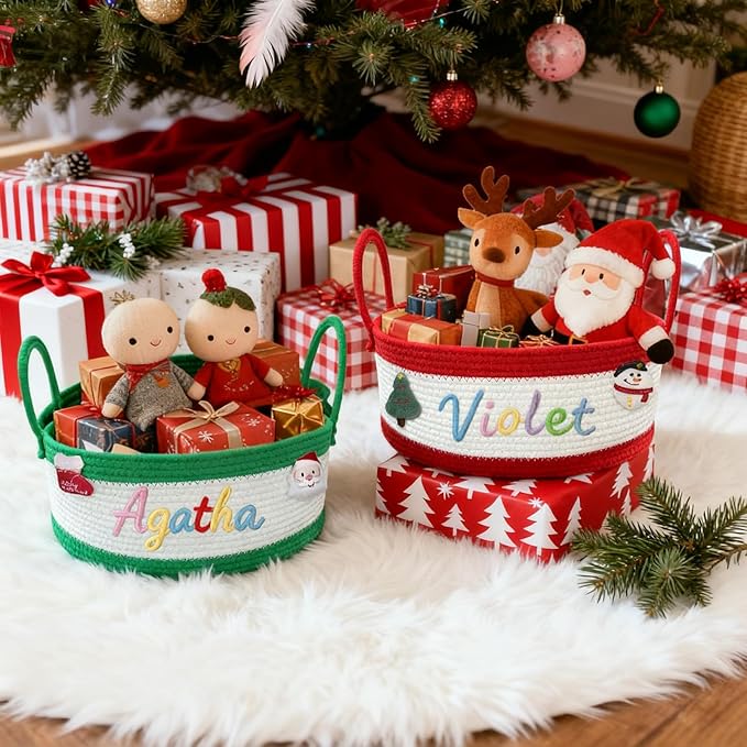 Personalized Christmas Knit Basket Custom Baby Gift Basket with Name Cotton Rope Storage Organizer Gift for Newborn Girls Boys