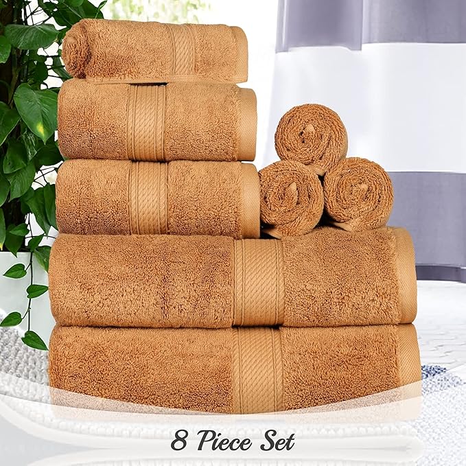 BLUENILEMILLS Madison Egyptian Cotton Towels, Towel Set for Bathroom, Shower, Hotel, Plush, 900 GSM, Highly Absorbent and Ultra-Soft Towels, Bath Essentials, 8 Piece Assorted Towel Set, Rust