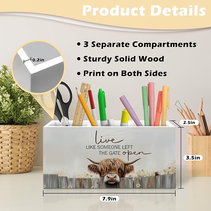 Farmhouse Highland Cow Pen Holder Organizer Desk Decor, Highland Cow Gifts for Women, Live Like Someone Left the Gate Open Wooden Pen Pencil Holders for Home Office Desk Accessories