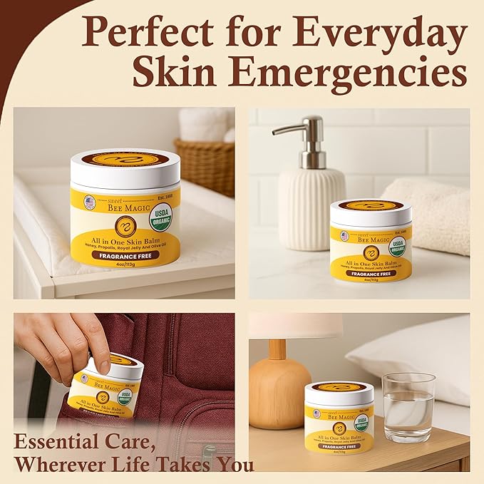 Sweet Bee Magic All In One Healing Organic Balm - Natural Skin Healing Cream, Beeswax Balm for Dry Skin, Face & Body Moisturizer - Certified Organic, All Natural Aid- 3 Jars (4oz Each, 12oz Total)