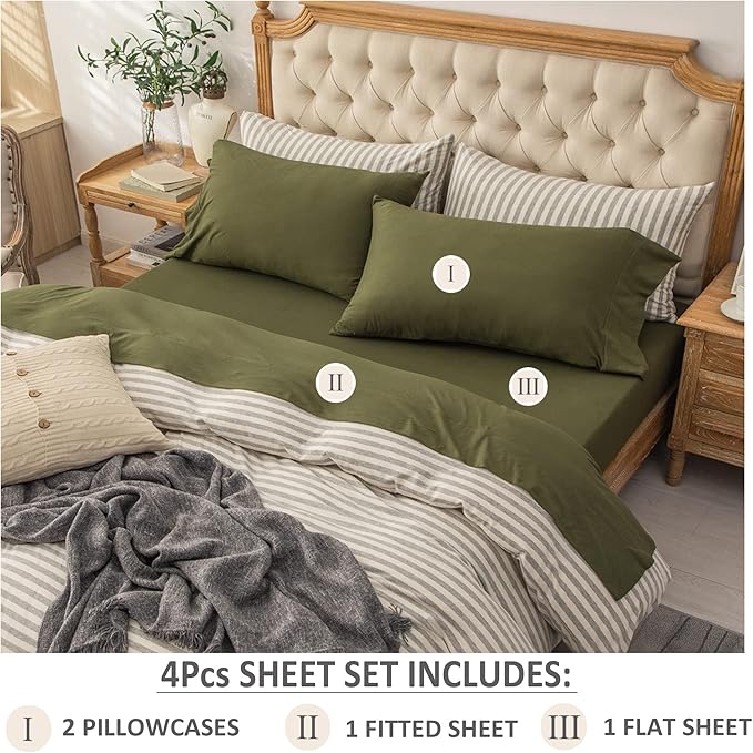 PURE ERA Jersey Knit 4pc Bed Sheet Set 100% T-Shirt Cotton Super Soft Comfy Breathable Fits Mattress Up to 20" Extra Deep Pocket (Solid Olive Green, Full)