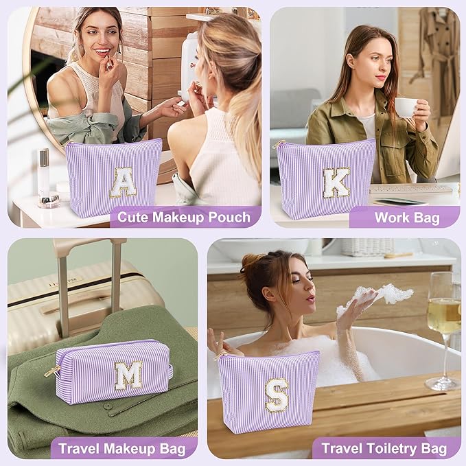 YOOLIFE Birthday Gifts for Kids - Personalized Monogram Makeup Bag Cosmetic Bag Travel Toiletry Bag | Makeup Bag for Girls Teen Girl Friend Sister Wife Girlfriend Daughter Gifts Purple A