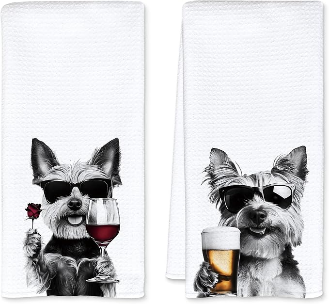 Funny Yorkshire Terrier Kitchen Towels Set of 2, Funny Kitchen Decor, Wine Bar Decor, Yorkshire Terrier Owner Gift Hand Towel, Dining Room Decorative Tea Towel Dish Towels 16x24 Inch