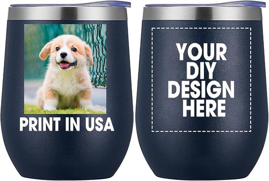Personalized Custom Wine Tumbler Print in USA 12oz Stainless Steel Travel Coffee Cup with Lid & Straw Double Wall Insulated Mug with Colorful Text Logo Photo