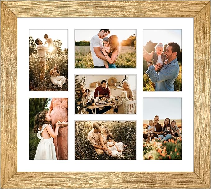 13.5x15.5 Picture Frame Display 7 opening 4X6 Picture Frame Collage,Multi Photo Frame with Mat,Plexiglass,Wall or Tabletop Decor,Gold