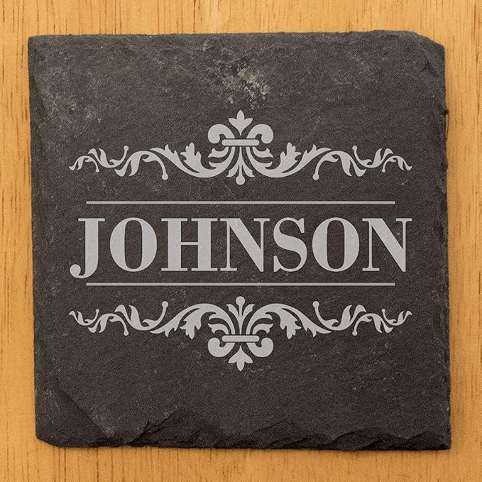 Personalized Monogram Family Coasters, Natural Stone Set, Birthday, Wedding, Customized, Rustic - Square Slate - Set of 5