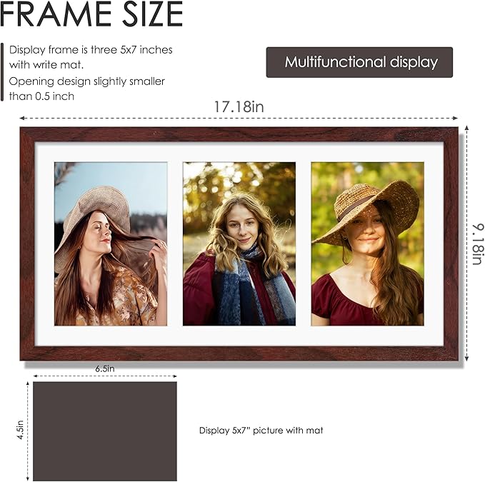 8x16 Collage Picture Frame 5x7 Collage Picture Frame Displays Three 5x7 inch Photos or 8x16 (Without Mat) for Available Horizontal Wall Mounting Display and Vertical Redwood