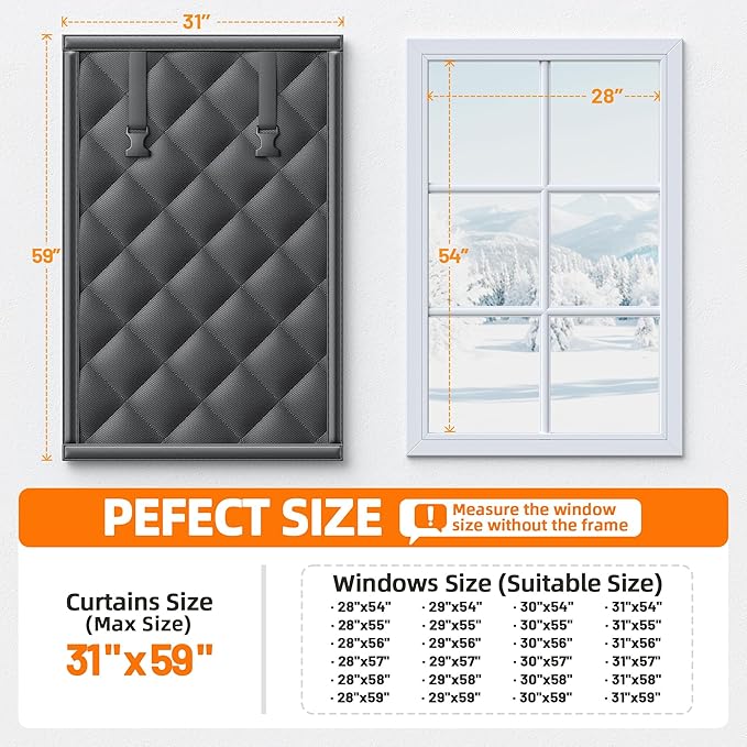 Window Insulation Kit for Winter 31"x59" Cold Weather Thermal Curtain with Heavy Cotton, Insulated Window Cover for Winter & Windows Draft Blocker for Winterizing Windows in Home RV Basement–Black