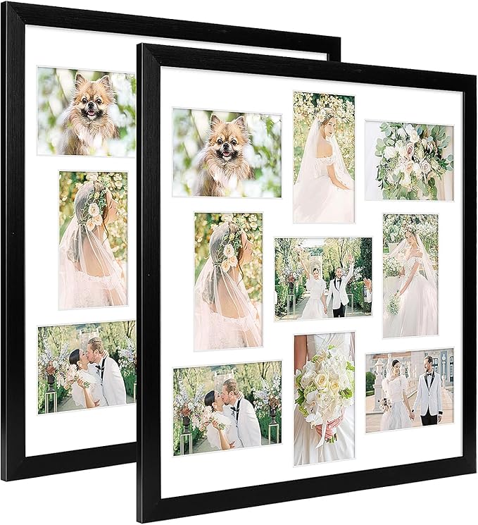 17x17 Collage frame with 9 Openings 4X6 Pictures, Multiple Picture Frame with Mat, Wall or Tabletop Decor, Black Wood Grain,2 Pack