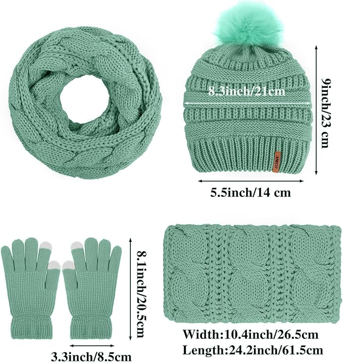 Aneco Womens Winter Warm Sets Knitted Fur Pompoms Beanie Hat Circle Loop Scarf Touch Screen Gloves Winter Favor Accessories