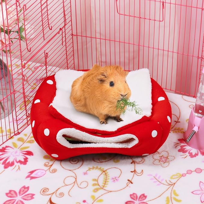 Mygeromon Guinea Pig Bed Rabbit Hideout Cuddle Cup (Strawberry Style) | Washable, Winter, Small Animals Sleeping House, for Ferret, Chinchilla, Bunny