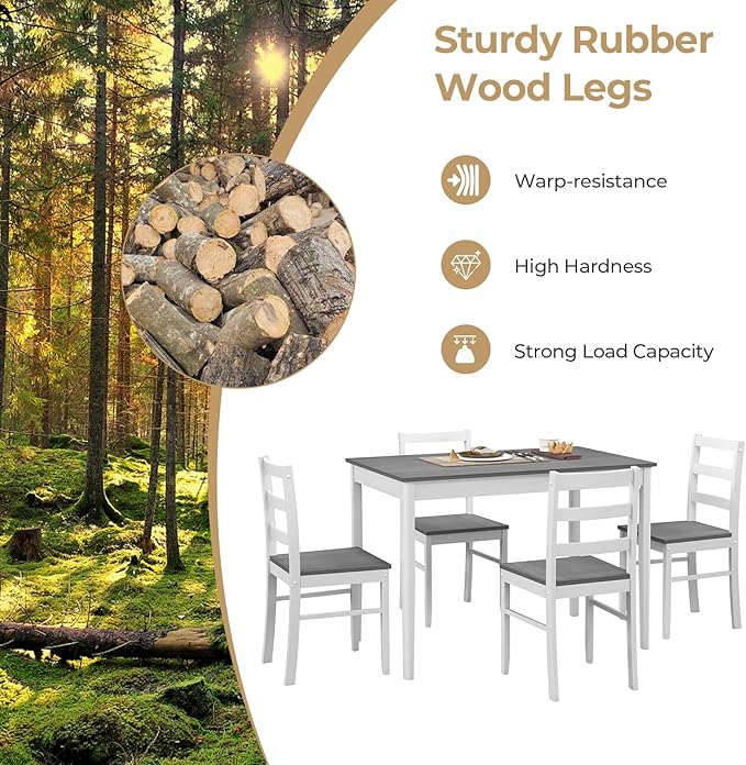 Tangkula Dining Table Set for 4, Farmhouse Solid Wood Dinette Set w/Rubber Wood Legs, Compact Wooden Dining Table and Chairs Set for Kitchen, Dining Room (Grey+White)