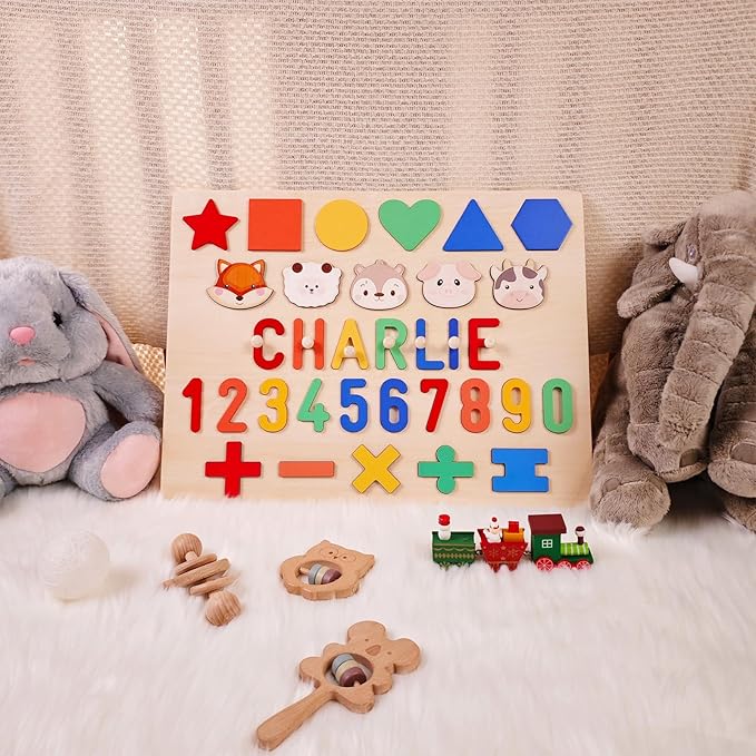 Name Puzzle for Kids Personalized, First Birthday for Baby Boy Girl, Wooden Number Puzzles for Toddlers 1-3, Educational Toys for 1 Year Old