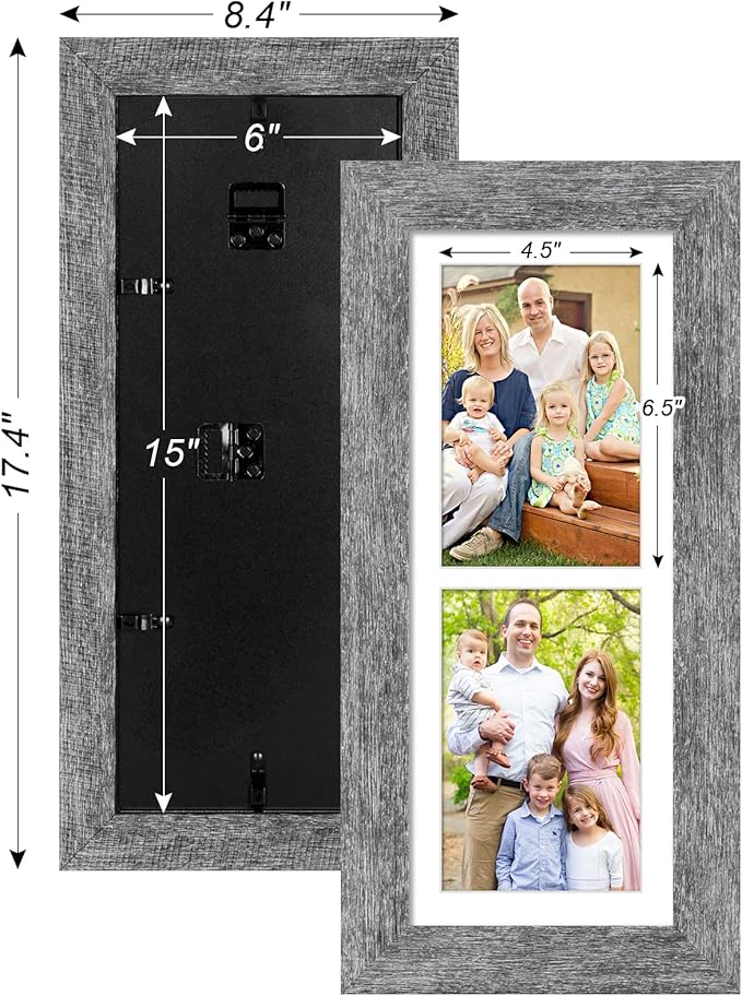 6x15 Picture Frame Display 2 opening 5X7 Double Picture Frame Collage,Multi Photo Frame with Mat,Plexiglass,Horizontal and Vertical Formats for Wall Decor,Grey Wood Grain