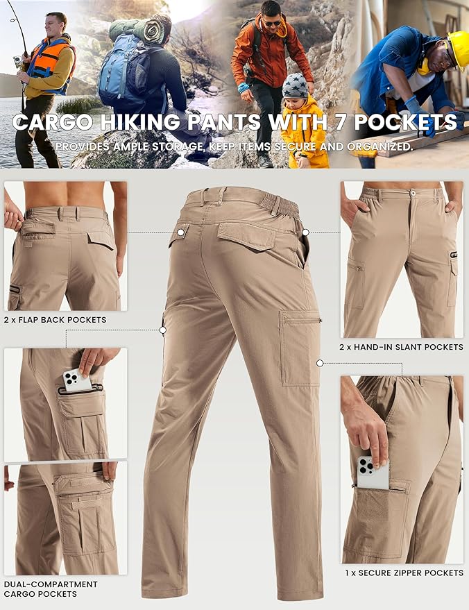 MOURCE Hiking Pants Men Lightweight Quick-Dry - Water Resistant Stretch Travel Pants with 7 Pockets for Outdoor Fishing